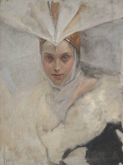 ミサゴの頭飾りと白い毛皮の襟を持つ女性、1897年 作： Edwin Austin Abbey