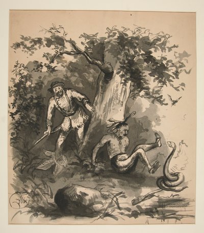 ハンター、インディアン、ヘビの森のシーン - 正体不明のイラスト 作： Edwin Austin Abbey