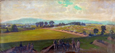 アメリカ南北戦争 1861 ～ 1865 年: 1863 年 7 月 1 ～ 3 日のゲティスバーグの戦い。この戦争で最も多くの米国の犠牲者が出ました。 「リー将軍が指揮するバージニア軍の最後の抵抗」。 油。 エドウィン・フォーブス (1839-1895) アメリカの芸術家。 軍用砲兵 作： Edwin Austin Forbes