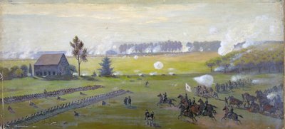 アメリカ南北戦争 1861 年 - 1865 年: 1863 年 7 月 1 日 - 3 日のゲティスバーグの戦いで、リーの北への侵攻が終結した。 戦争中の他のどの戦争よりも多くの米国の死傷者。 油 作： Edwin Austin Forbes