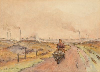 産業風景 手押し車の男（紙に木炭を使用した水彩画） 作： Edwin Butler Bayliss
