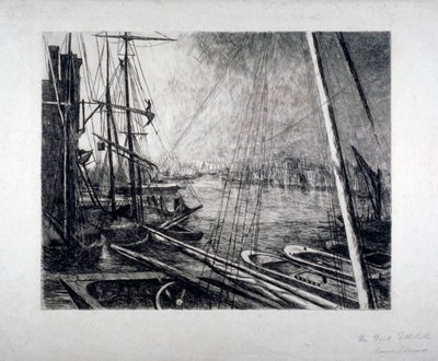 前景に船があるロザハイズからのロンドンのプール、c1890。 作： Edwin Edwards