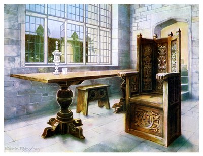 オークの架台テーブルとマインホストチェア、1910年。 作： Edwin Foley
