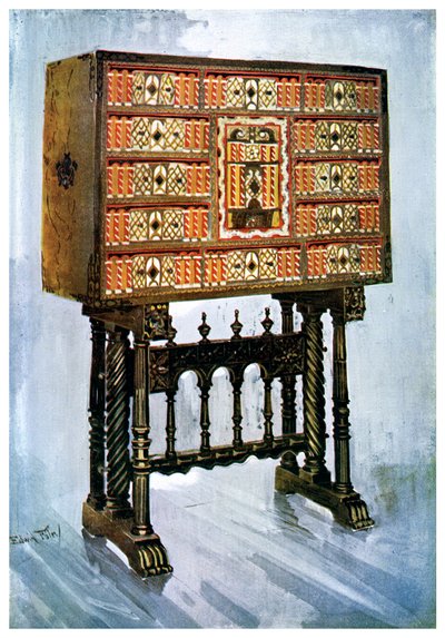 栗、象牙およびその他の材料のヴァルゲノキャビネット、1910年。 作： Edwin Foley
