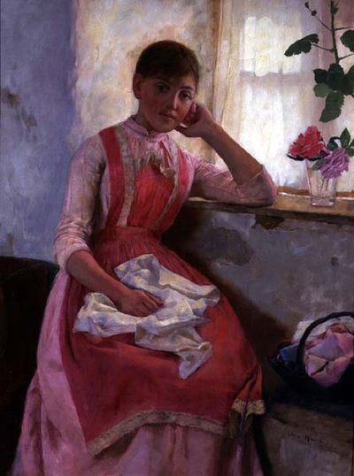 ピンクのエプロンを着た女の子の肖像 作： Edwin Harris