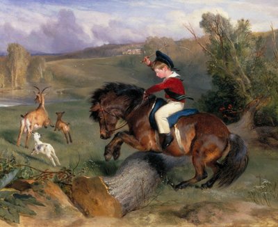 「最初の跳躍: ポニー「エメラルド」に乗るアレクサンダー ラッセル卿、1829 年 作： Edwin Henry Landseer