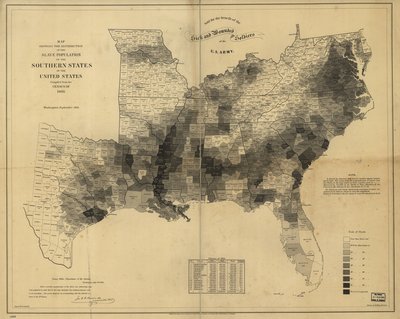 1860年の国勢調査から編集された、アメリカ合衆国南部州の奴隷人口の分布を示す地図 作： Edwin Hergesheimer