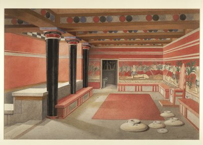 クノッソスのミノス宮殿の玉座の間を再現した絵画 作： Edwin J. Lambert