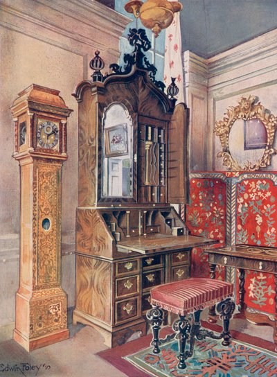 18世紀初頭の家具のグループ。 Walnut Cabinet-Top Scrutoire。象嵌シカモア（「黄色」）時計。 Caeved Tabouret 作： Edwin John Foley