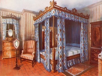 Hepplewhiteベッドルーム。 Chintz-Curtained Inlay Satinwood Bed。象眼細工のサテンウッドのドレッシングチェストとマホガニーのワードローブ 作： Edwin John Foley