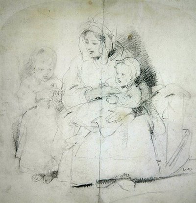 二人の子供を持つ母親（鉛筆、紙） 作： Edwin Landseer