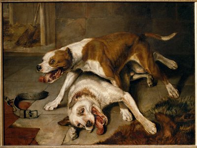 闘犬たちが息をひそめている...。 作： Edwin Landseer