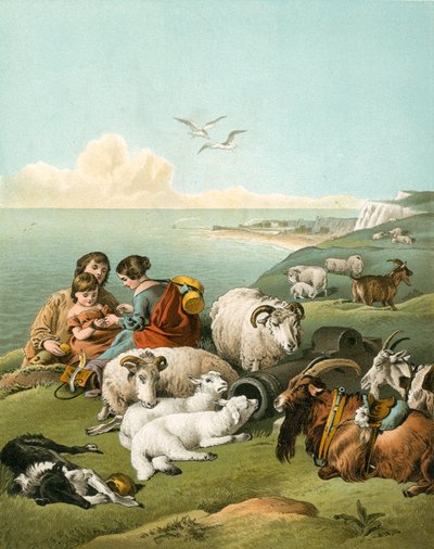 羊と山羊の白い崖で遊ぶ子供たち 作： Edwin Landseer