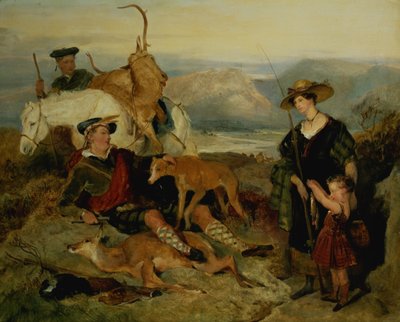 ハイランドでストーカー鹿、ベッドフォード公爵夫人、ゴードン公、アレクサンダーラッセル卿（パネル） 作： Edwin Landseer