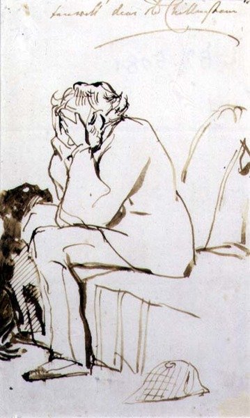 さらば、親愛なるチリンガムよ」（紙にペンとインク） 作： Edwin Landseer