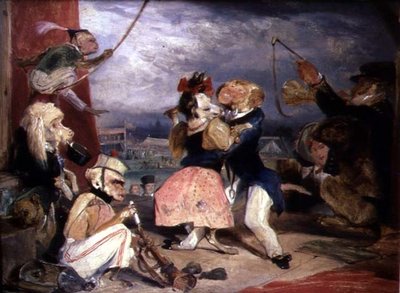 ウエストエンド・フェア。猿と犬がステージでパフォーマンスをする（油彩・パネル） 作： Edwin Landseer