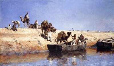 1880年、モロッコのセールでのビーチでのラクダの乗船 作： Edwin Lord Weeks