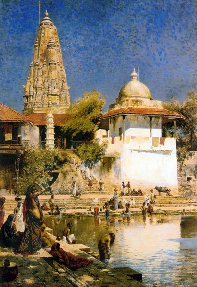 ボンベイのバンガンガ戦車とウォーレシュワール寺院、1890年代。 作： Edwin Lord Weeks