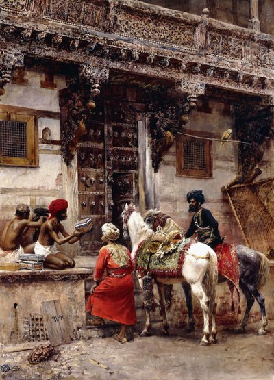 チーク材の建物でケースを売る職人、アーメダバード、1885年 作： Edwin Lord Weeks