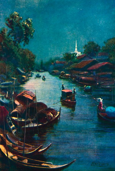 「典型的な運河の風景、バンコク」、1913 作： Edwin Norbury