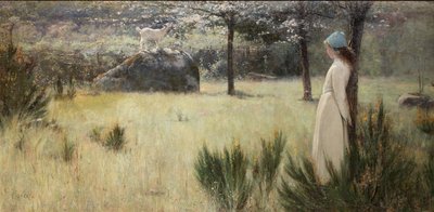 春の牧草地で若い羊飼いと彼女のヤギ 作： Edwin Sherwood Calvert
