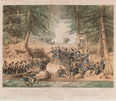 1854 年 8 月 8 日、オーランド諸島のボマルスン付近にフランス軍が上陸 (リトグラフ、彩色) 作： Edwin Thomas (after) Dolby