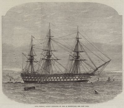 HMSボンベイ、最近モンテビデオで火災により破壊された 作： Edwin Weedon