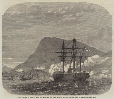ハイチの海岸にあるハイチ岬の小隊と砦と対立するHMSブルドッグ 作： Edwin Weedon