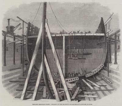 新装甲艦隊、女王陛下の蒸気フリゲートアキレスの額装、50門 作： Edwin Weedon
