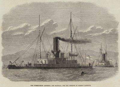 ボンベイハーバーの防衛のための砲塔艦アビシニアとマグダラ 作： Edwin Weedon