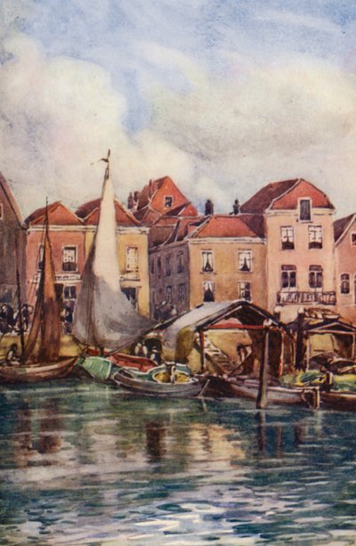ライン川ドルトレヒト、魚市場（カラーリトグラフ） 作： Effie Jardine