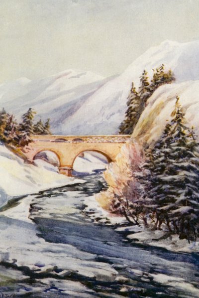 ライン川トゥーシスのライン橋（カラーリトグラフ） 作： Effie Jardine