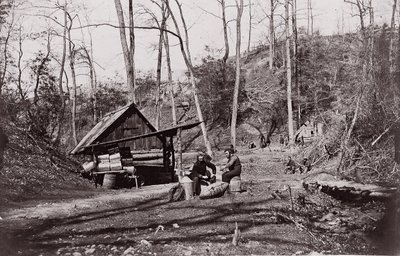 [南軍から火薬を取り出すために設立されたジェームズ・リバーのユニオン・ステーション...1864年 作： Egbert Guy Fowx.