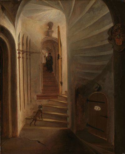 Portal of a stairway tower, with a man descending the stairs: presumably the moment before the assassination of William the Silent in the Ptinsenhof, Delft   1391535   ja       japanese Successfully Translated  Original: Ontwerp voor de beschildering van e 作： Egbert Lievensz. van der Poel (attributed to)
