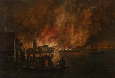 オランダの町の夜の火事 作： Egbert van der Poel