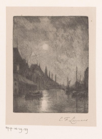 夜の街の川の眺め 作： Egide François Leemans (signed by artist)
