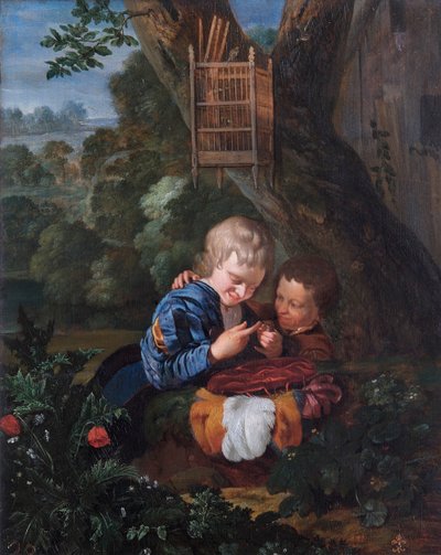 「閉じ込められた鳥を持つ少年」、17世紀 作： Eglon Hendrik van der Neer