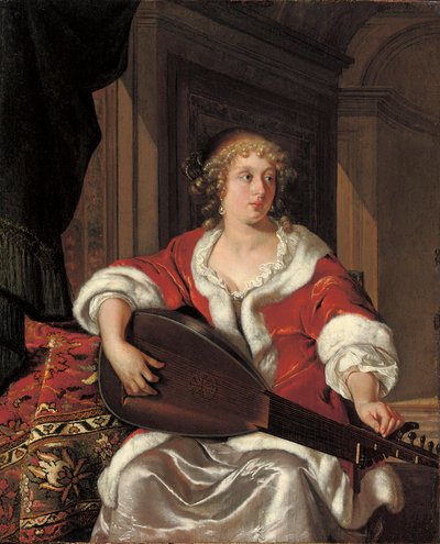 リュートのチューニングをする若い女性 作： Eglon van der Neer