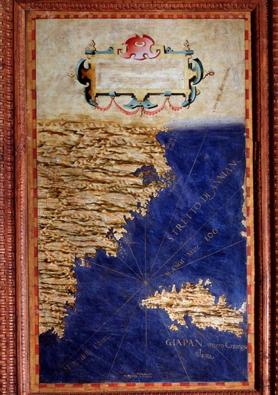 エグナツィオ・ダンティ（1536-1586）が作成した中国と日本の地図。1567年頃。フィレンツェ、ヴェッキオ宮殿、マッパモンドの部屋（Sala del Mappamondo 作： Egnazio Danti