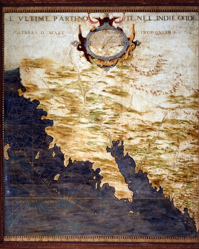 西インド諸島の辺境と未知の国の地図 エグナツィオ・ダンティ（1536-1586）という数学者、宇宙学者、イタリア人建築家が作った地図。1567年頃。フィレンツェ、ヴェッキオ宮殿、マッパモンドの部屋（Sala del Mappamondo 作： Egnazio Danti