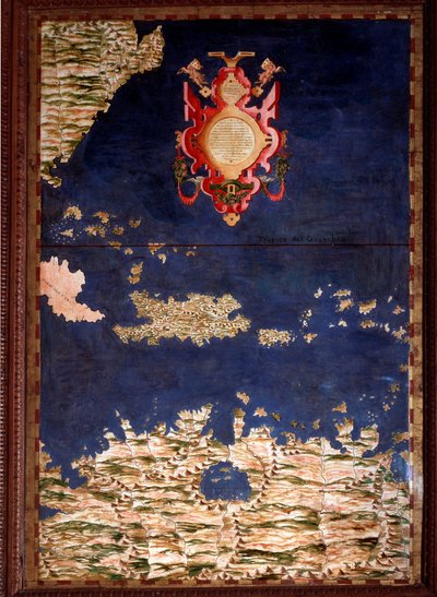 サント・ドミンゴ（Santo Domingo）またはヒスパニオラ（Hispaniola）の地図は、エグナツィオ・ダンティ（Egnazio Danti）（1536-1586）数学者、宇宙飛行士、イタリア人建築家によって作られた。1567年頃。フィレンツェ、ヴェッキオ宮殿、マッパモンドの部屋（Sala del Mappamondo 作： Egnazio Danti