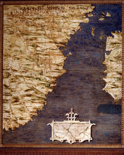 エグナツィオ・ダンティ（1536-1586）という数学者、宇宙学者、イタリア人建築家が作成した南アフリカとグッド・エスペランス岬の地図です。1567年頃フィレンツェ、ヴェッキオ宮殿、マッパモンドの部屋（Sala del Mappamondo 作： Egnazio Danti