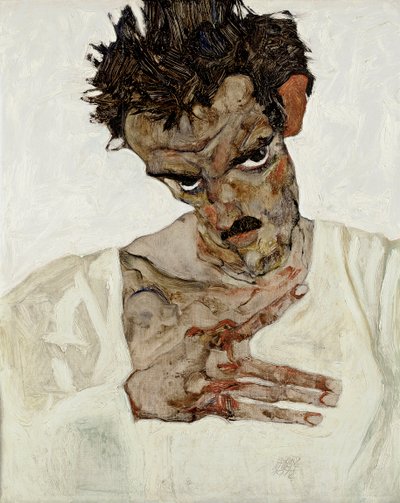 頭を下げた自画像。 エゴン・シーレ（1890-1918）による絵画、木に油彩 作： Egon Schiele