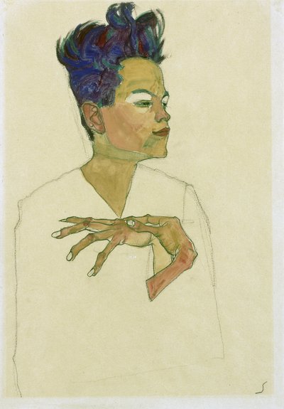 胸に手を当てた自画像。 (胸に手を置いた自画像)。 エゴン・シーレ (1890-1918) の作品、紙に水彩とチョーク 作： Egon Schiele