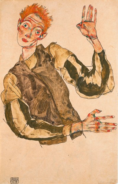 縞模様の袖の自画像 - エゴン・シーレ (1890-1918) の作品、紙にグワッシュ 作： Egon Schiele