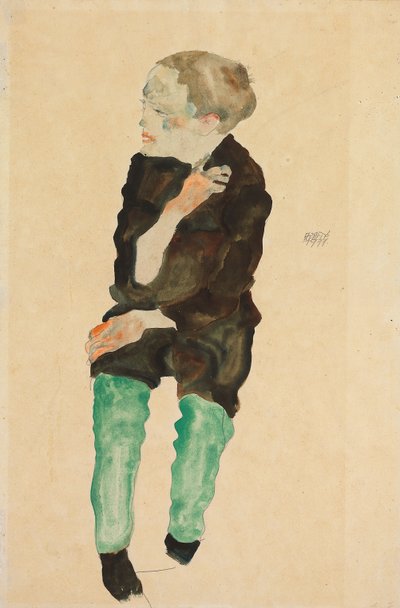 緑のストッキングを持つ少年。 Bub mit grunen Strumpfen、1911 作： Egon Schiele