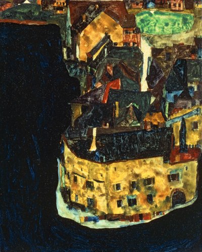 ブルーリバーの街 II...（木に油彩、ガッシュ） 作： Egon Schiele