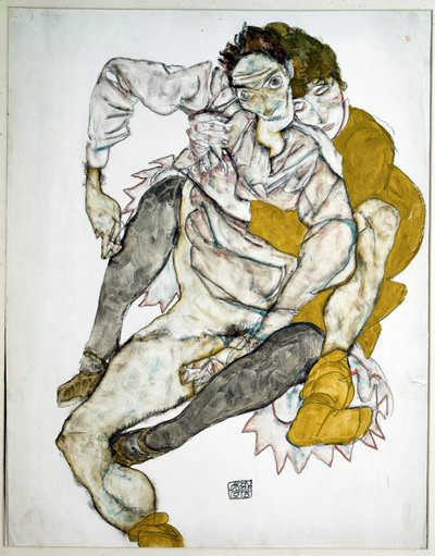 座っているカップル。エゴン・シーレによるドローイング 作： Egon Schiele