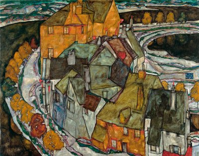家々の三日月 II (島の町) - エゴン シーレ (1890-1918) 作、キャンバスに油彩 作： Egon Schiele