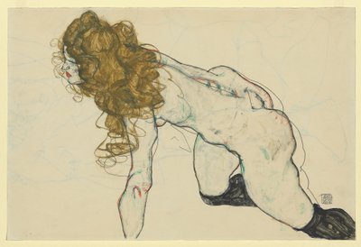 金髪で左腕を休め、しゃがむ女性ヌード（レクト） 作： Egon Schiele